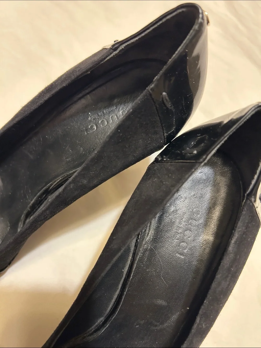Gucci Black Patent & Suede Peep-Toe Heels